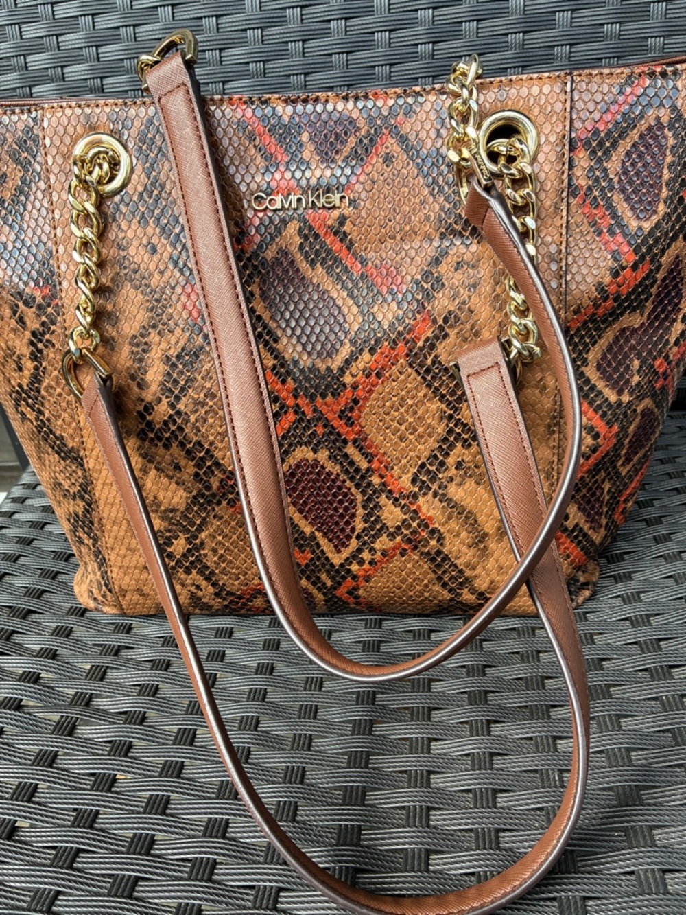 Calvin Klein Brown Snake-Print Tote with Gold Chain Handles